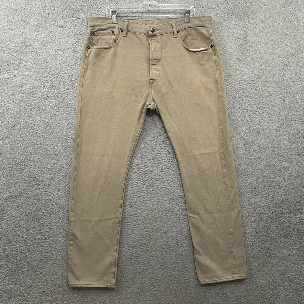 Levis Jeans Mens 38x34 Beige Denim 501 Straight Leg Button Fly American Red Tab